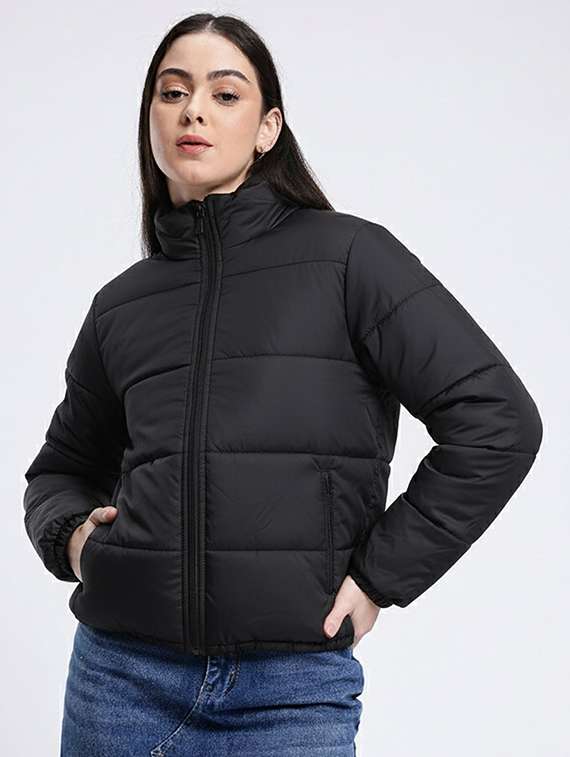 women solid stand collar long sleeve quilted jacket