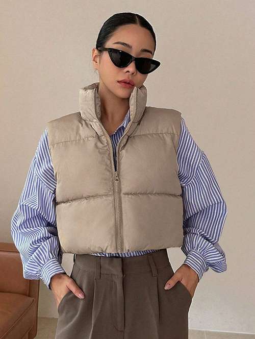 women solid sleeveless puffer jacket - 22228932 -  Standard Image - 0
