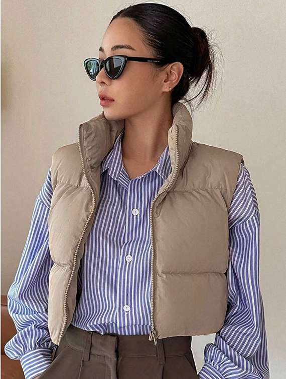 women solid sleeveless puffer jacket - 22228932 -  Standard Image - 2
