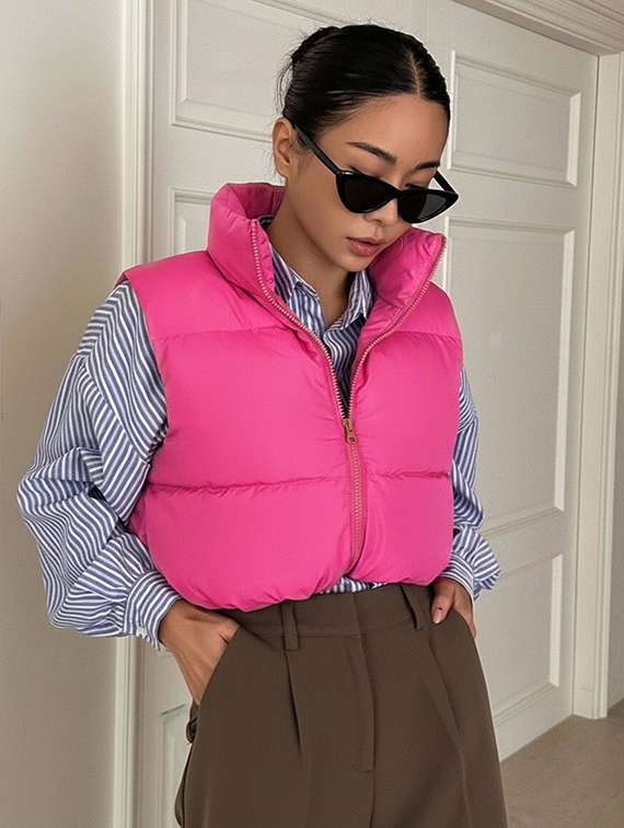 women solid sleeveless puffer jacket - 22228937 -  Standard Image - 2