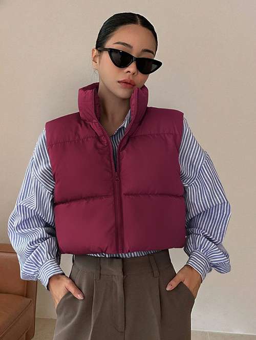 women solid sleeveless puffer jacket - 22228939 -  Standard Image - 0