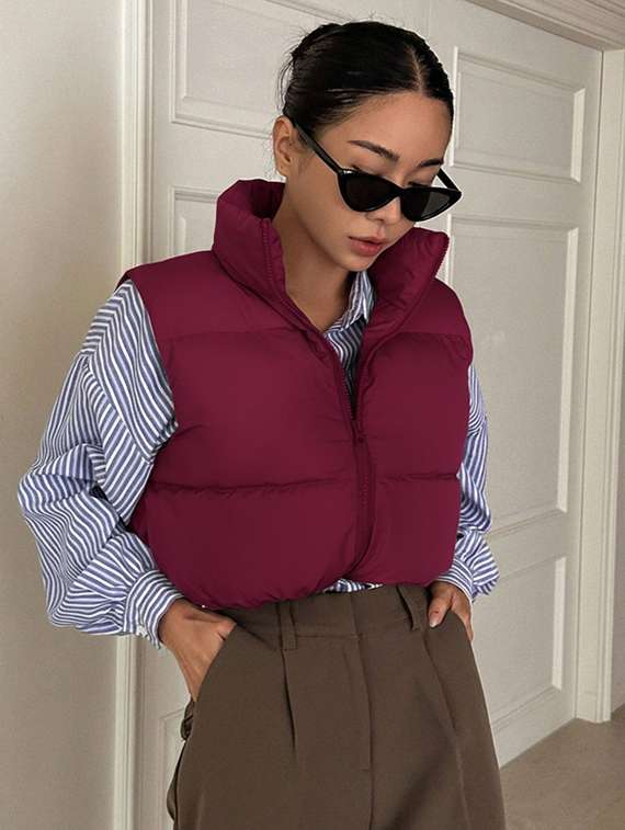 women solid sleeveless puffer jacket - 22228939 -  Standard Image - 2