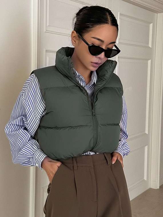 women solid sleeveless puffer jacket - 22228942 -  Standard Image - 2