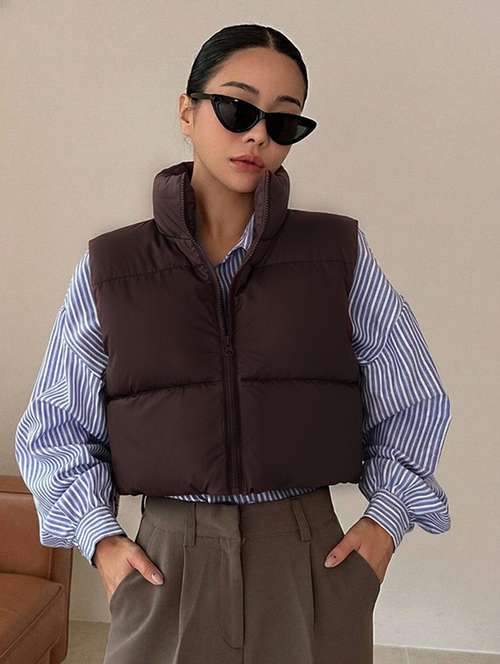women solid sleeveless puffer jacket - 22228944 -  Standard Image - 0