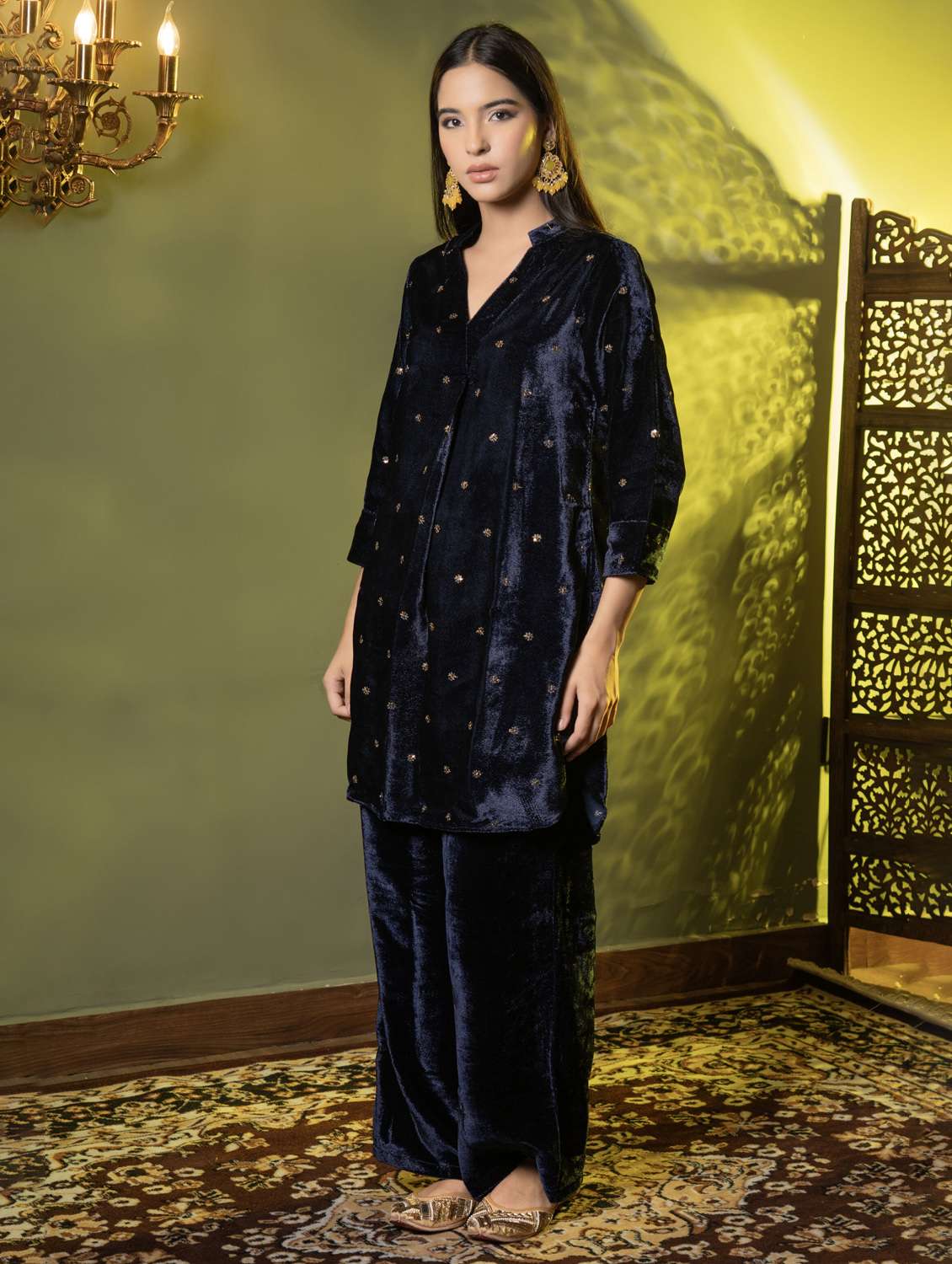 women solid with work three quarter sleeve kurta palazzo set  - 22229797 -  Standard Image - 2