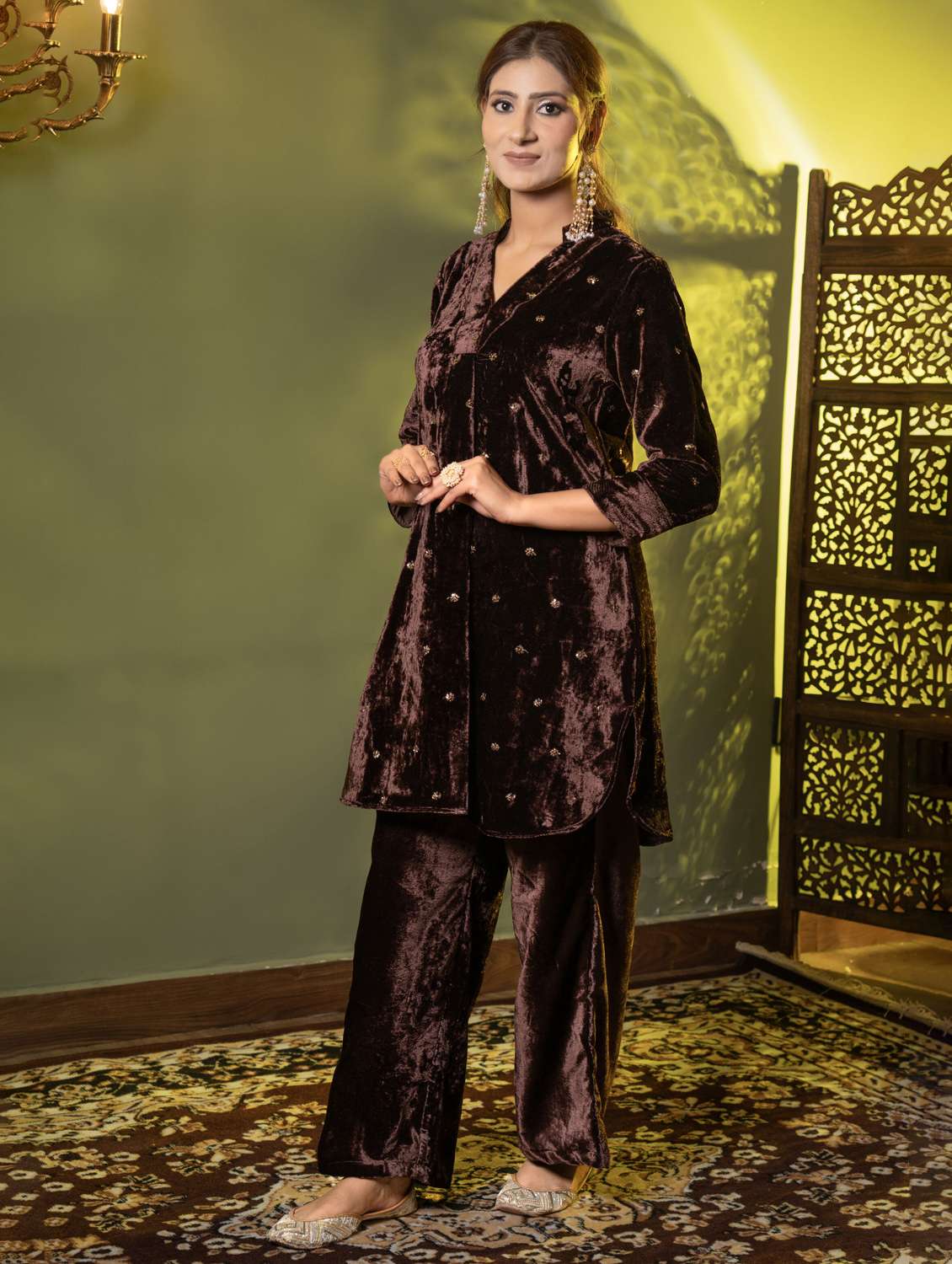 women solid with work three quarter sleeve kurta palazzo set  - 22229799 -  Standard Image - 2