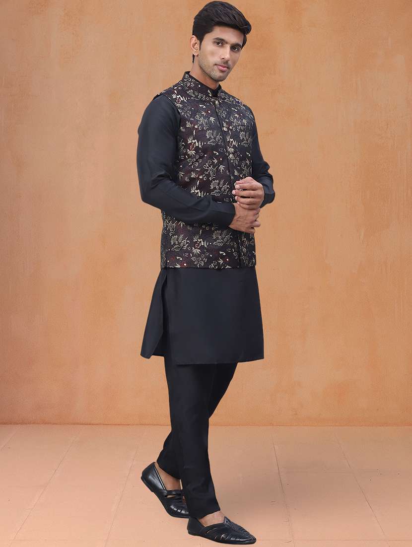 men solid mandarin neck kurta pyjama with jacket ethnic wear set - 22229859 -  Standard Image - 2