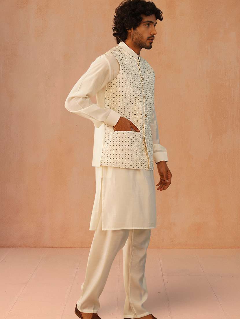 men solid mandarin neck kurta pyjama with jacket ethnic wear set - 22229864 -  Standard Image - 2