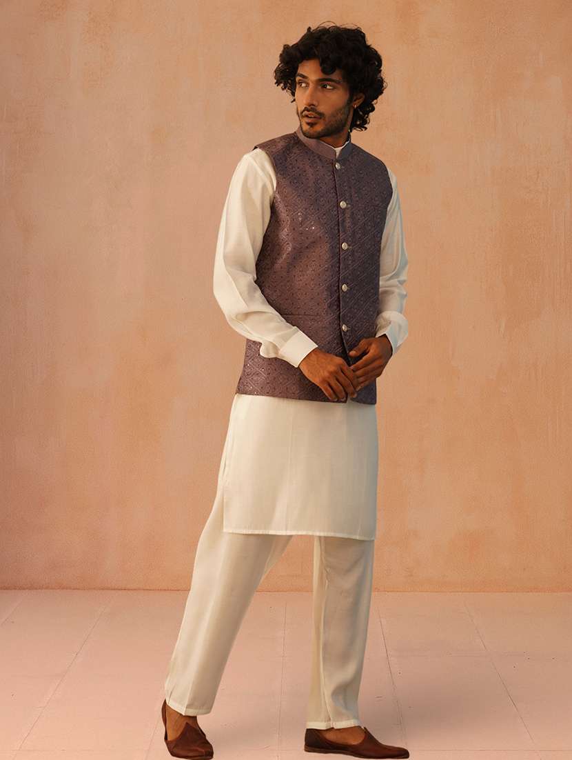 men solid mandarin neck kurta pyjama with jacket ethnic wear set - 22229865 -  Standard Image - 2