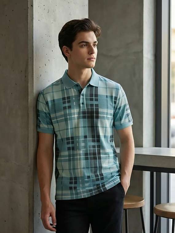 men checkered short sleeve regular fit polo t-shirt