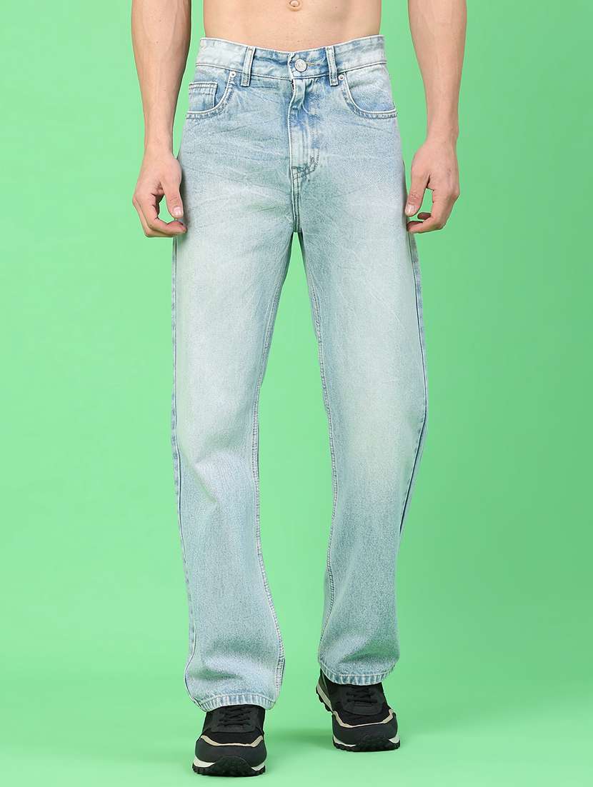 men washed mid rise full length jeans