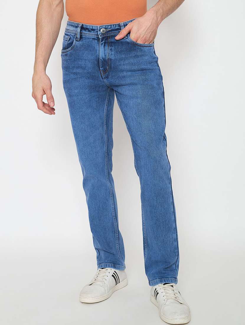 men washed mid rise straight fit jeans