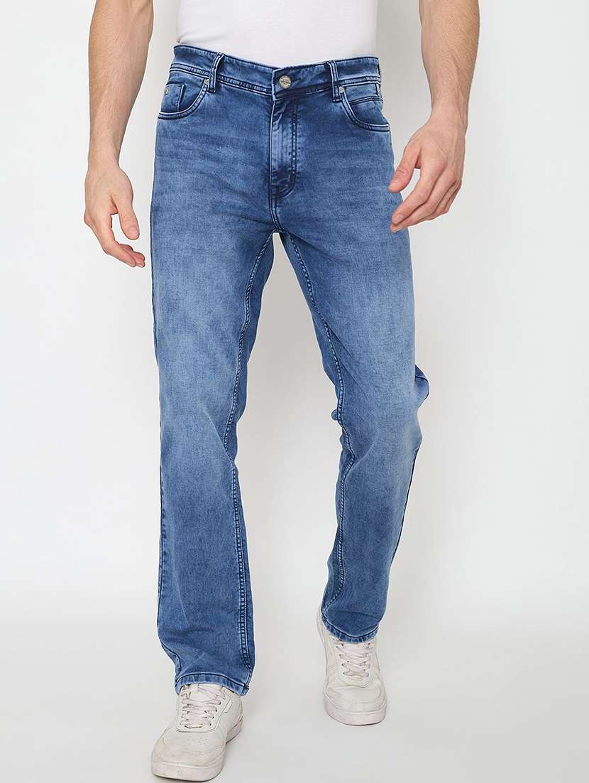 men washed mid rise straight fit jeans