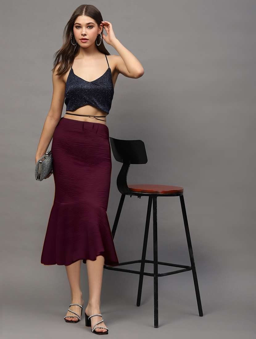 women solid high rise bodycon tiered skirt