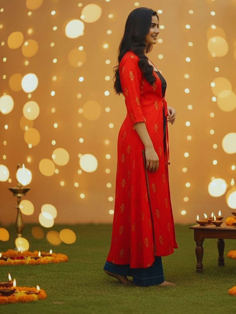 women printed three quarter sleeve long shrug - 22230816 -  Standard Image - 2