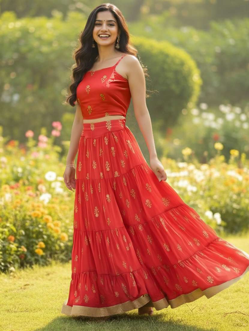 women foil print top and skirt co-ord set - 22230918 -  Standard Image - 2