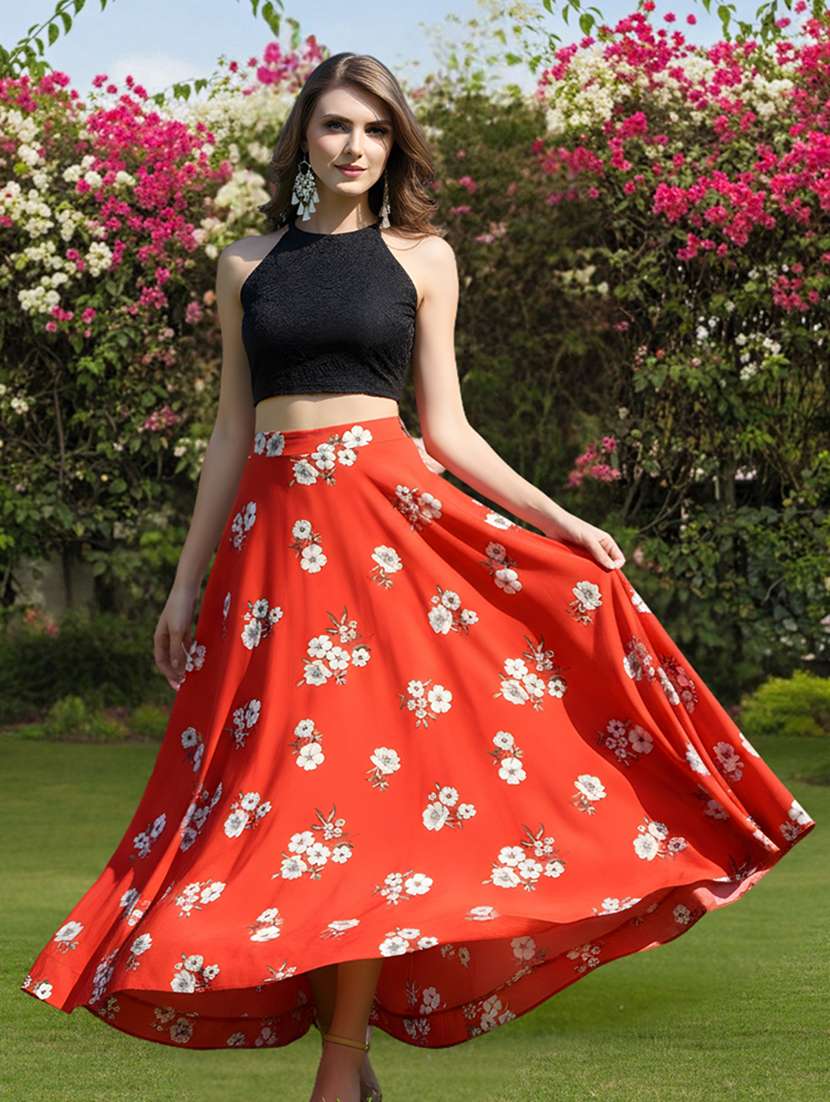 women floral print flared maxi skirt