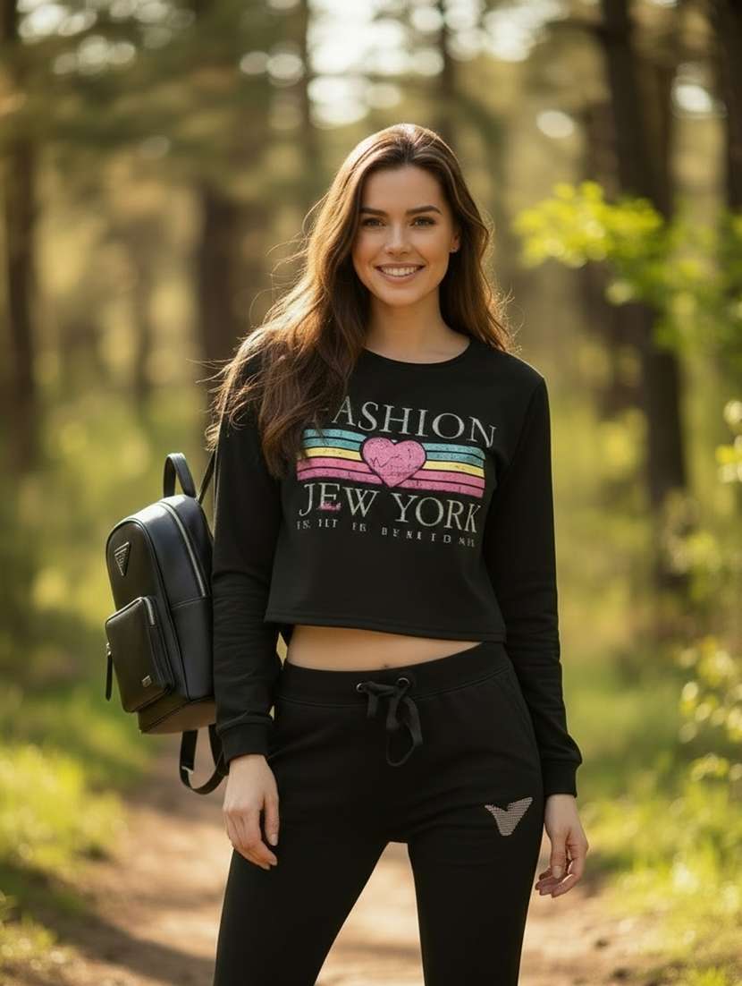 women printed long sleeve crop sweatshirt
