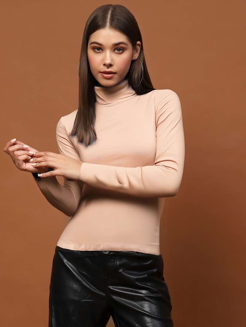 women solid high neck long sleeve top