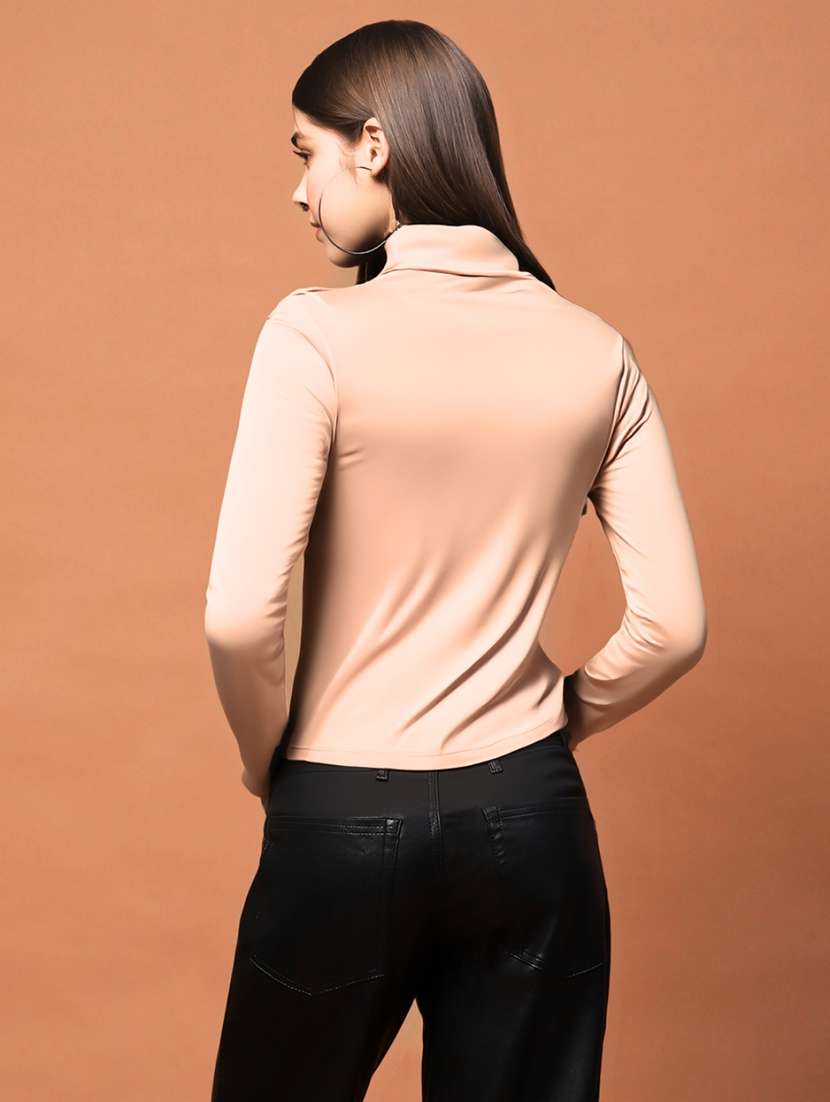 women solid high neck long sleeve top - 22231082 -  Standard Image - 2