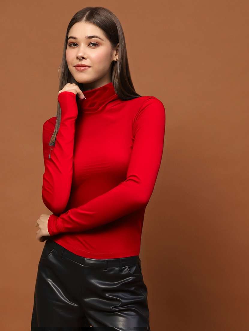 women solid high neck long sleeve top