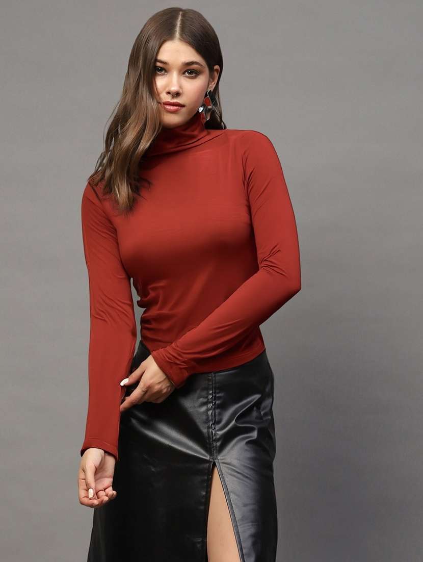 women solid high neck long sleeve top