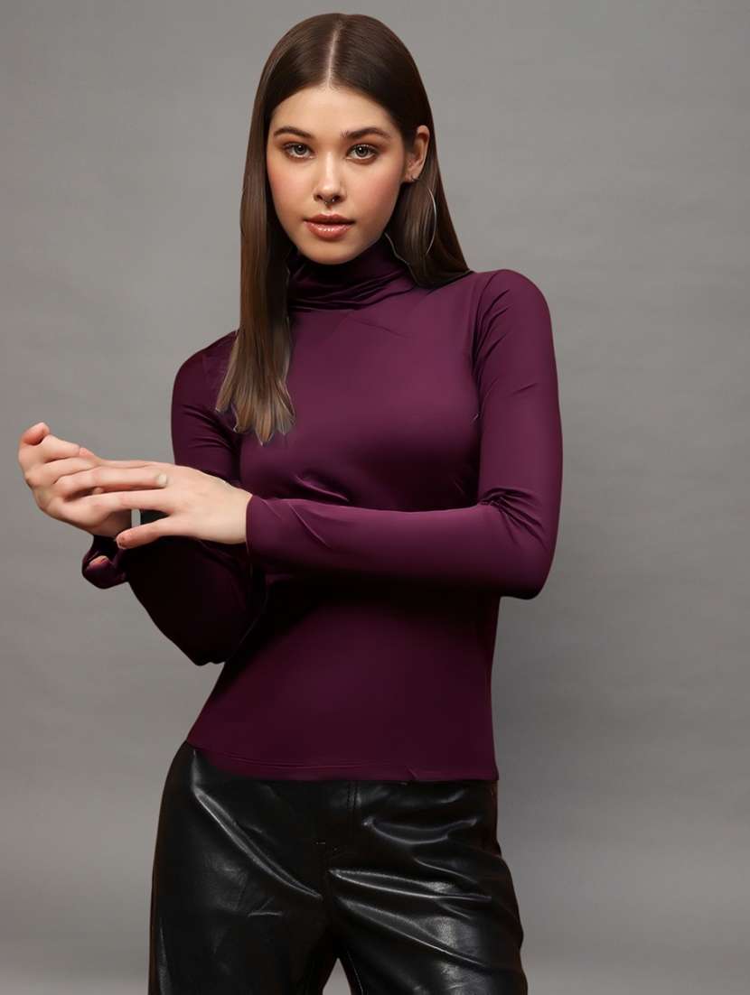 women solid high neck long sleeve top
