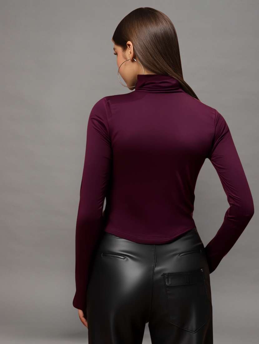 women solid high neck long sleeve top - 22231087 -  Standard Image - 2