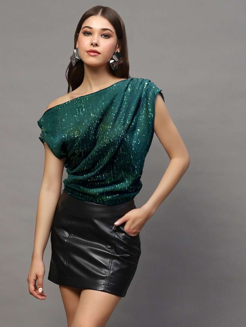 women sequined single shoulder ruched top