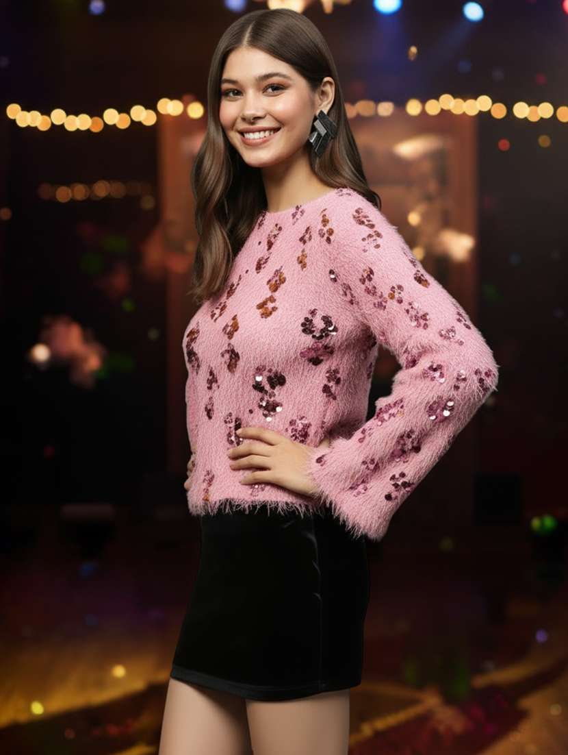 women sequined bell sleeve straight top - 22231112 -  Standard Image - 2