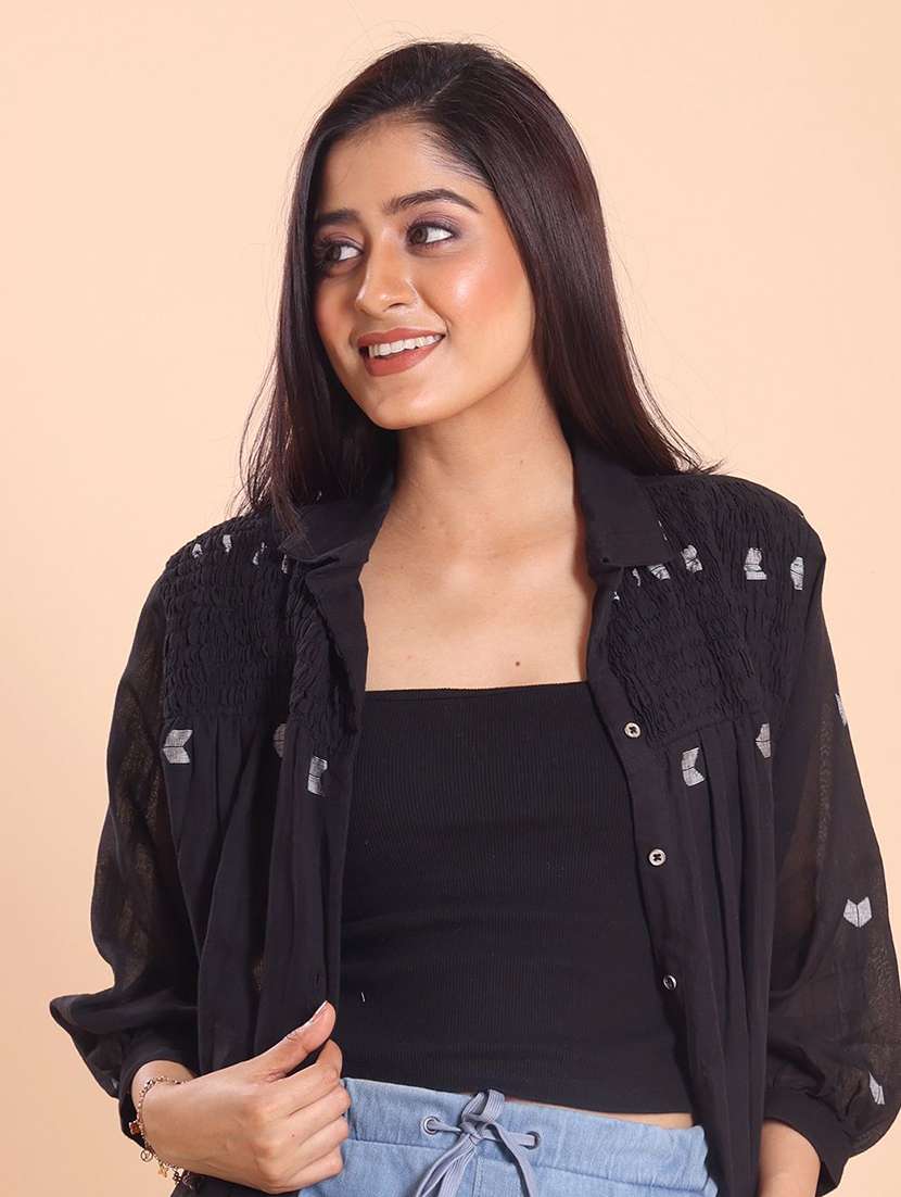 women self design three quarter sleeve relaxed fit shirt - 22231255 -  Standard Image - 2