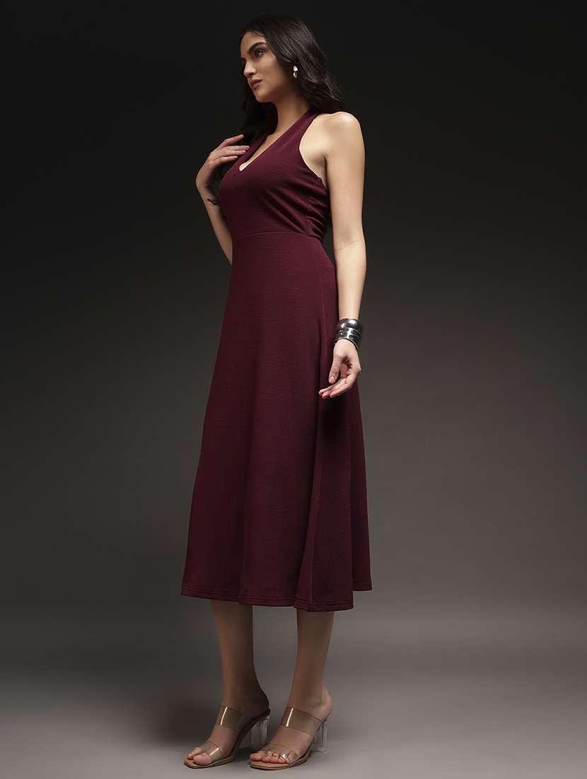 Women Solid Halter Neck Fit And Flare Dress - 22231268 -  Standard Image - 2