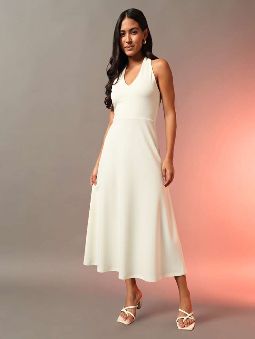 women solid halter neck fit and flare dress - 22231269 -  Standard Image - 2