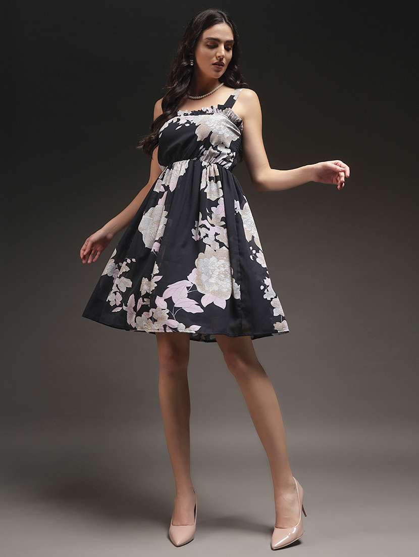 women printed shoulder strap fit and flare dress