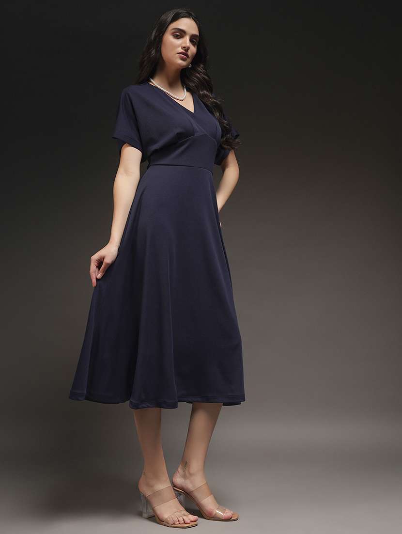 women solid v neck fit and flare dress - 22231276 -  Standard Image - 2