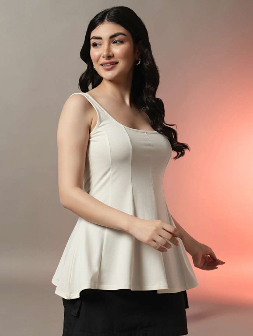 women solid shoulder strap flared top - 22231284 -  Standard Image - 2