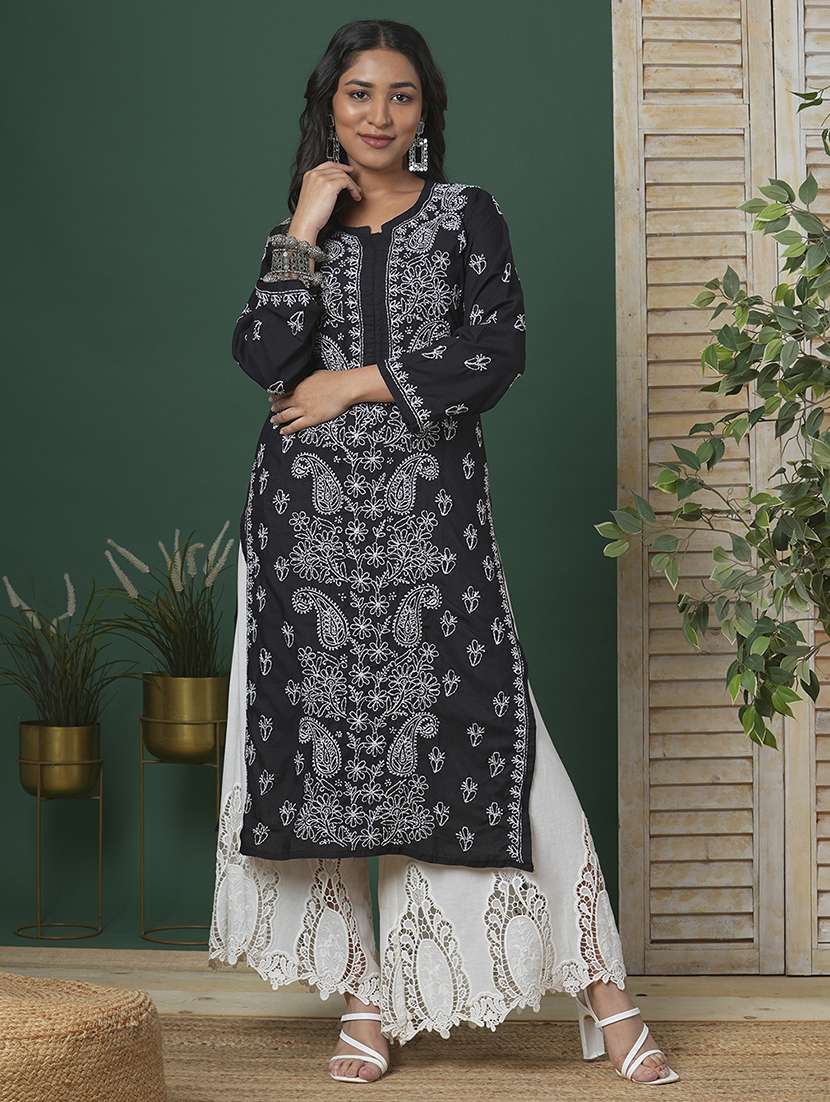 women solid with work long sleeve straight chikankari kurta