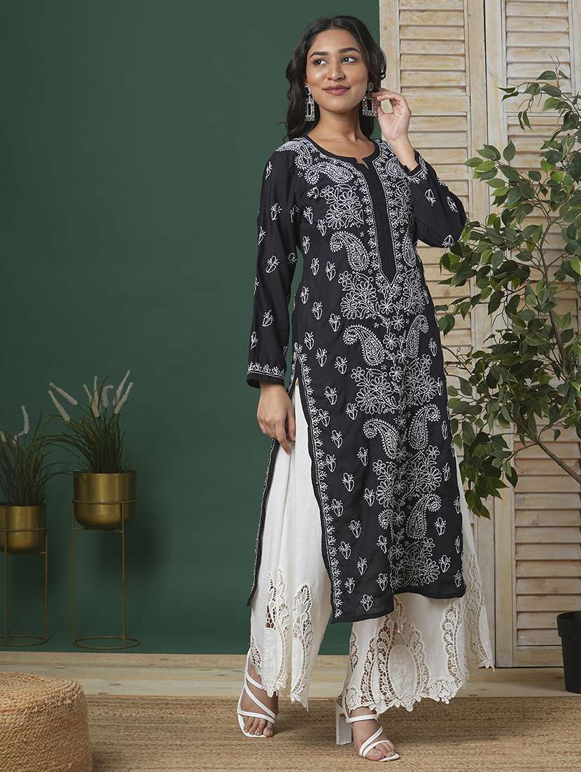 women solid with work long sleeve straight chikankari kurta - 22231307 -  Standard Image - 2