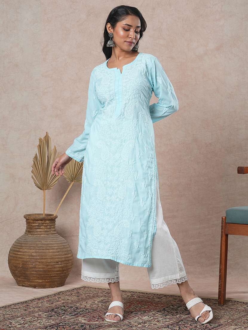 women solid with work long sleeve straight chikankari kurta - 22231313 -  Standard Image - 2