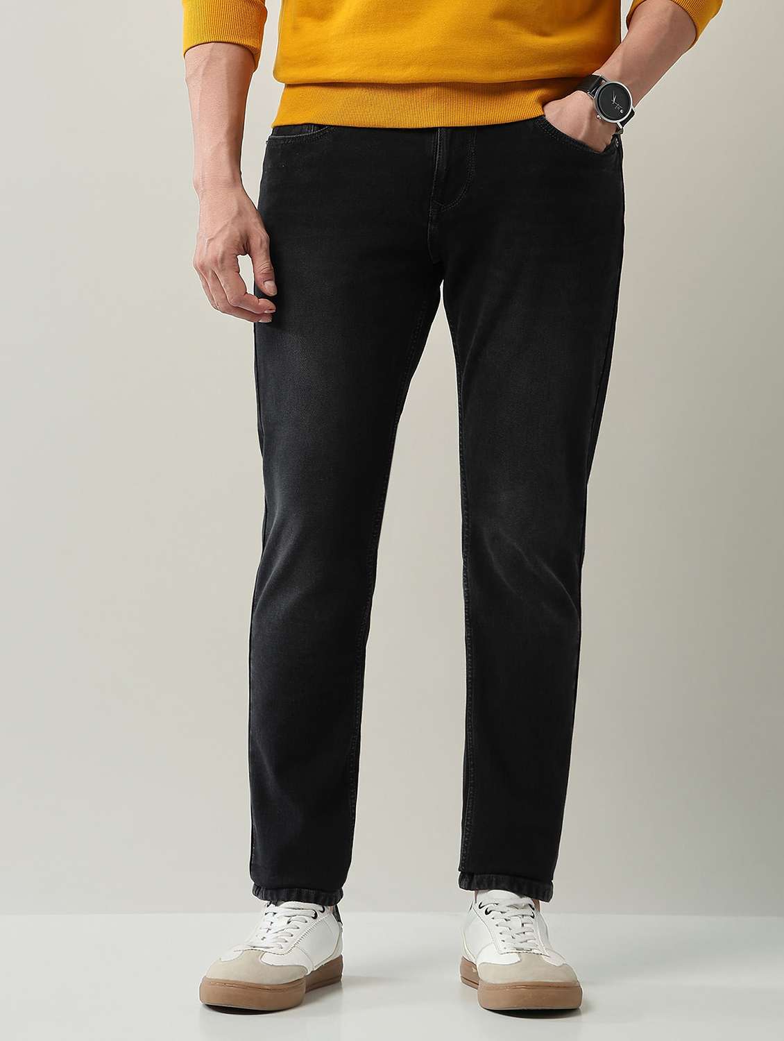 men washed high rise full length jeans