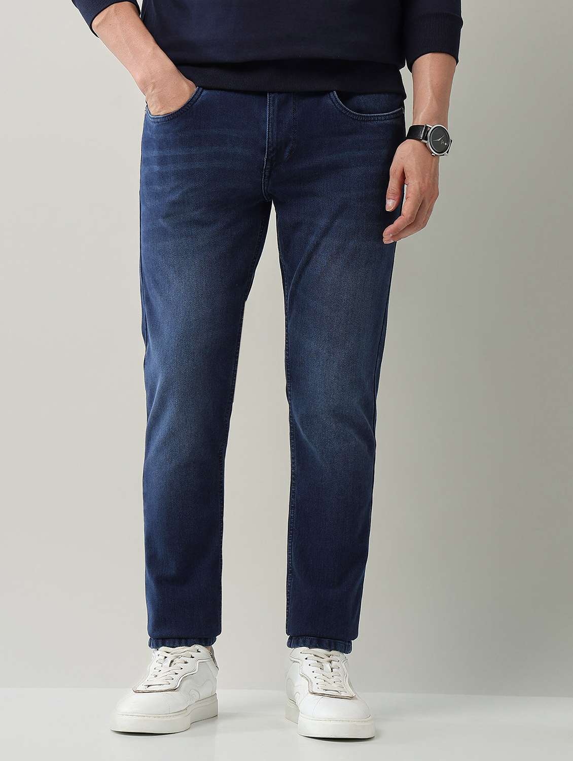 men washed high rise full length jeans