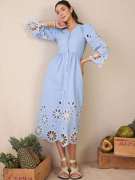 women solid puff sleeve schiffli shirt dress