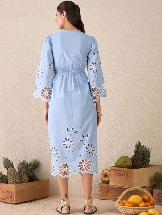 women solid puff sleeve schiffli shirt dress - 22231463 -  Standard Image - 2