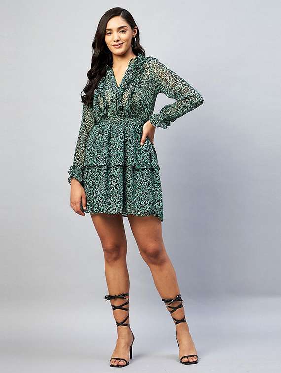 women animal print long sleeve layered dress