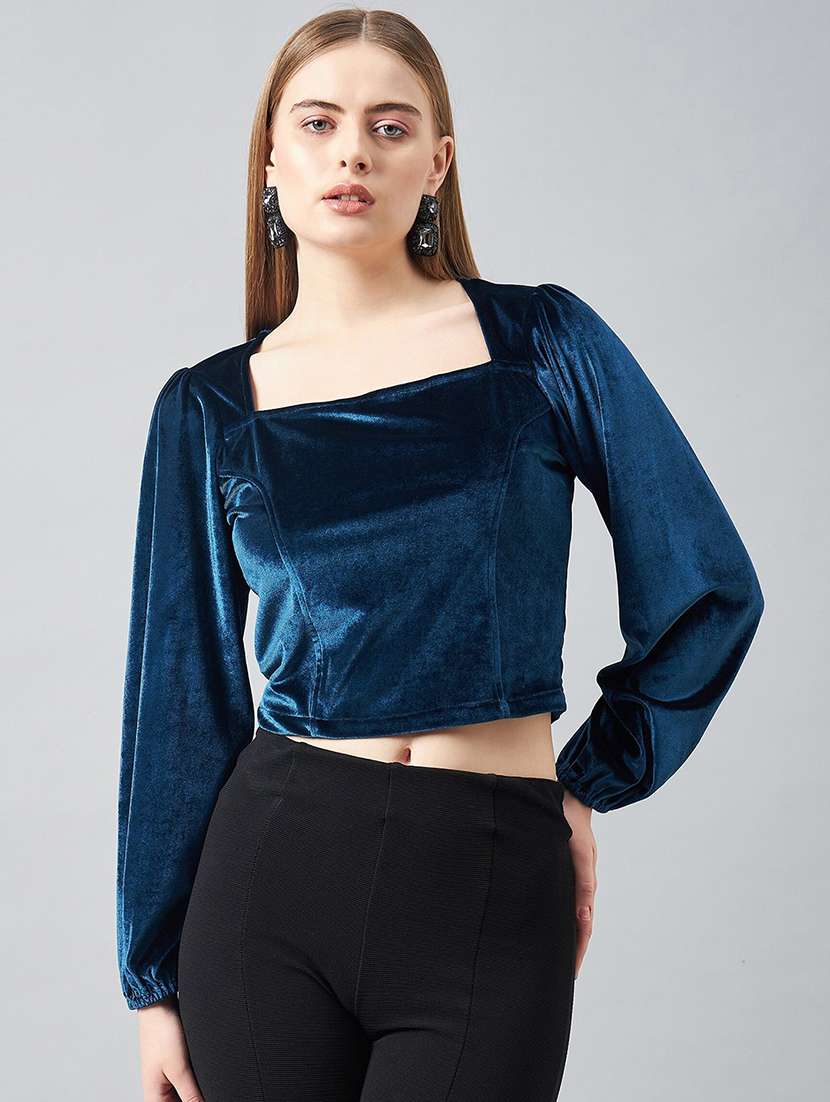 women solid puff sleeve velvet crop top