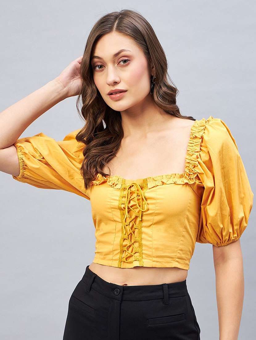 women solid puff sleeve crop top