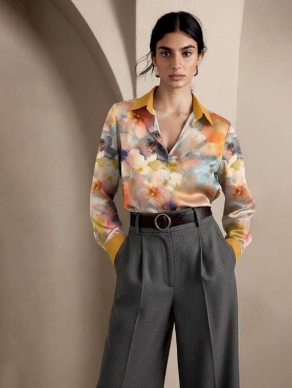 women printed collared long sleeve shirt