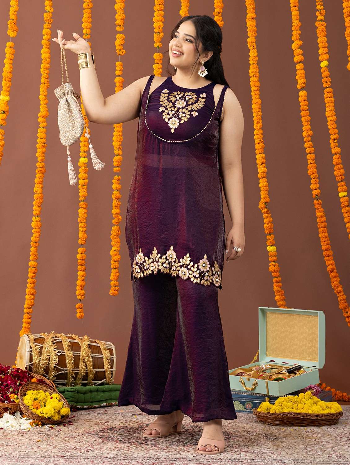 women solid with work sleeveless kurta palazzo set - 22231739 -  Standard Image - 2