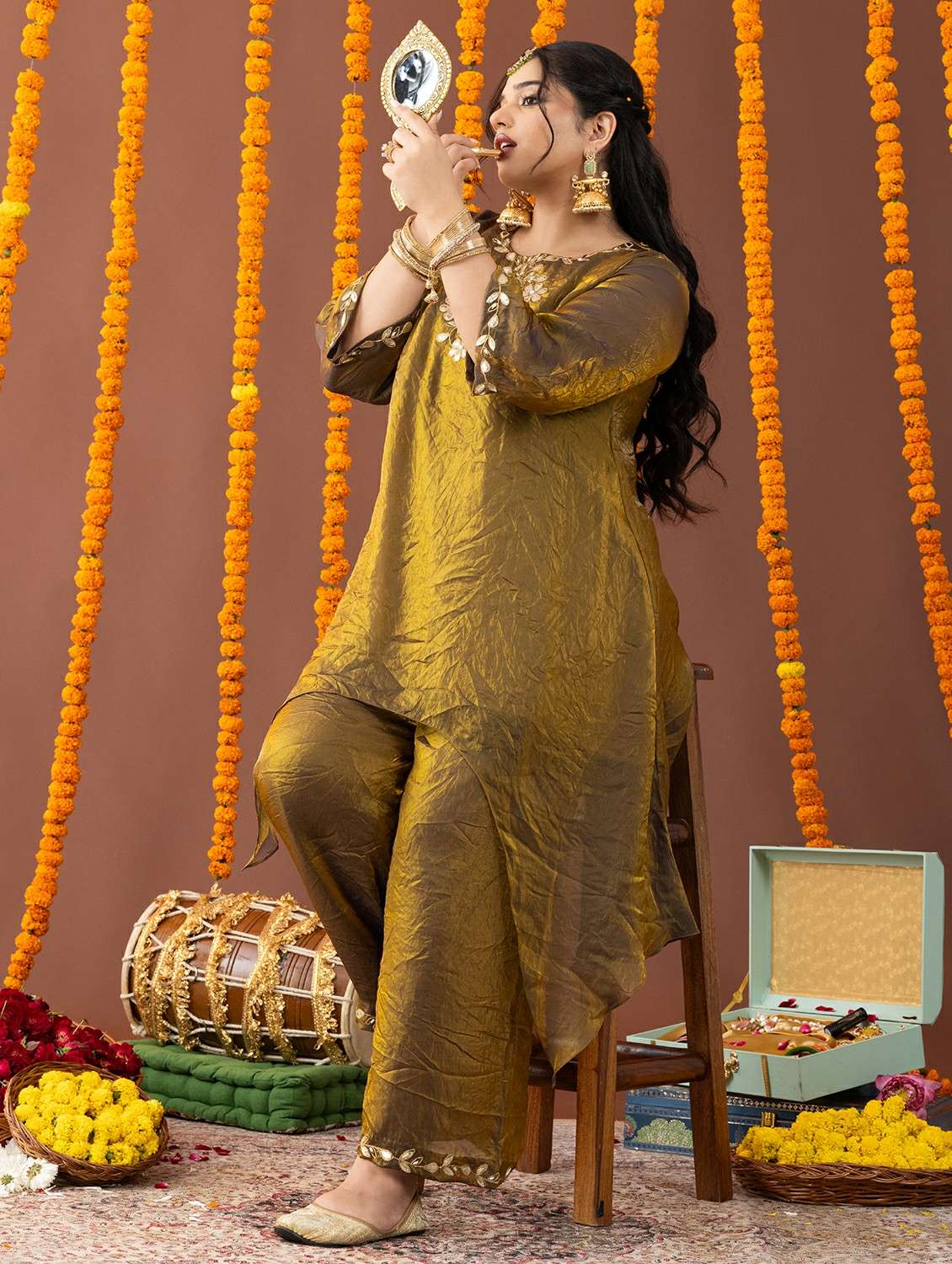 women plus size solid with work three quarter sleeve kurta palazzo set - 22231740 -  Standard Image - 2