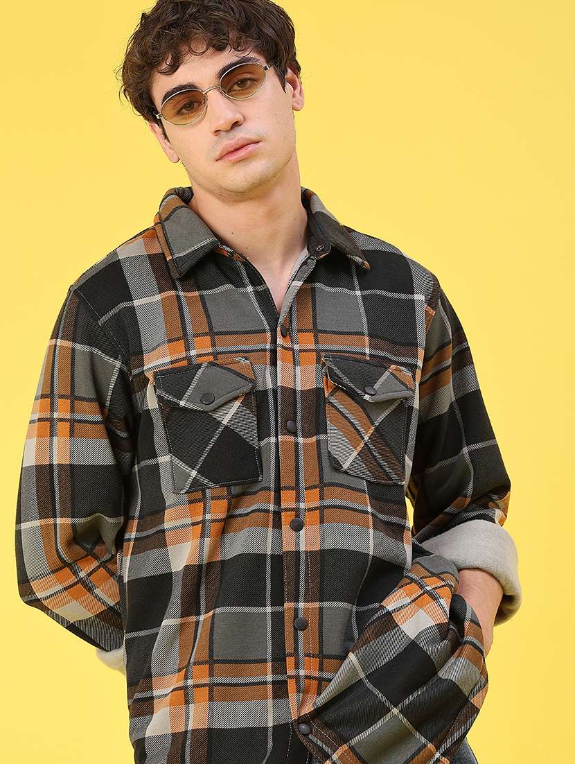 men checkered long sleeve regular fit shacket